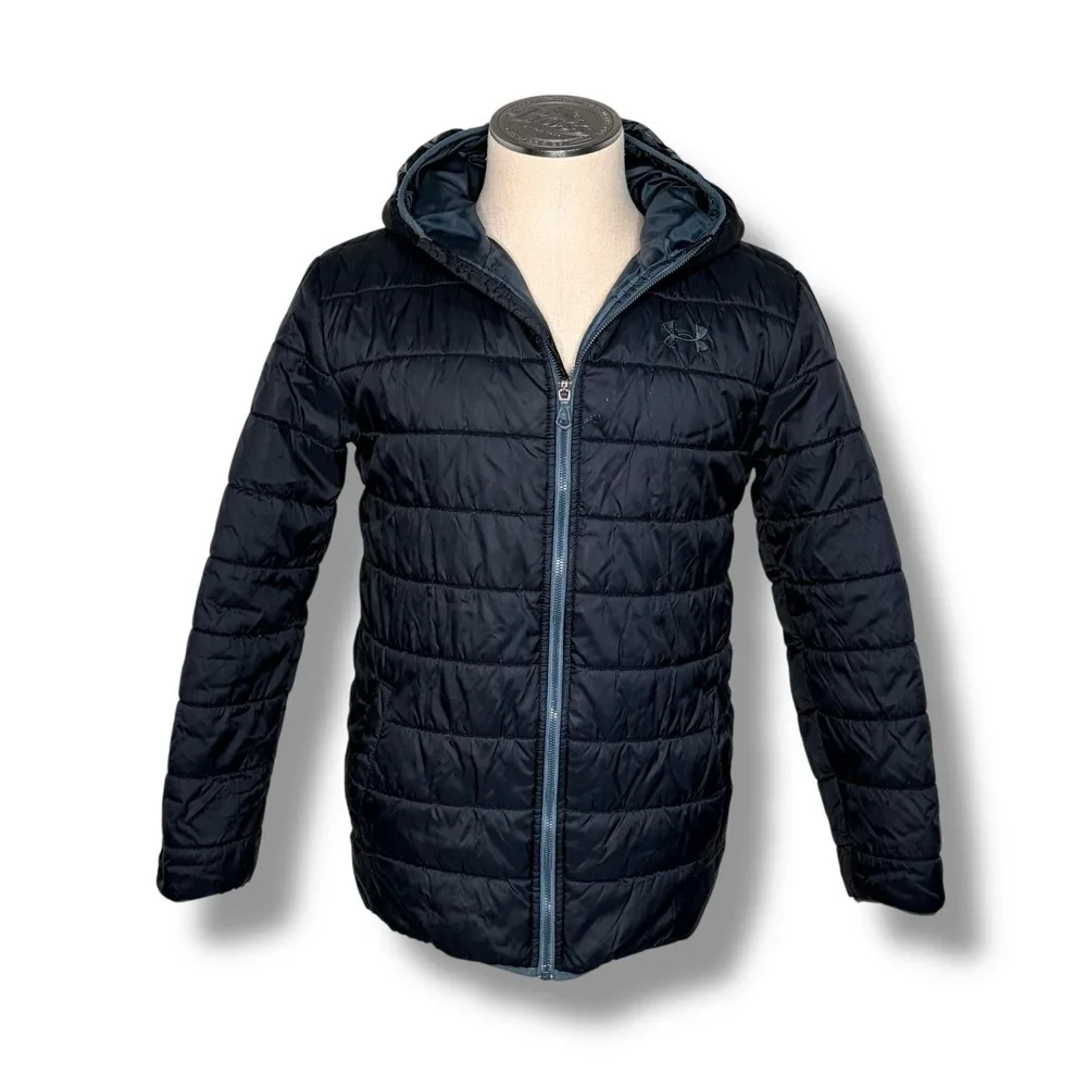 Under Armour Boy's Jacket Black Coldgear Puffer Hooded Full Zipper‎ YXL Loose